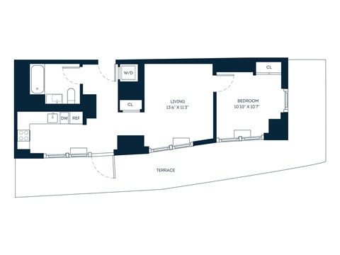 Floor plan for 1 bed, 1 bath, 616 sqft